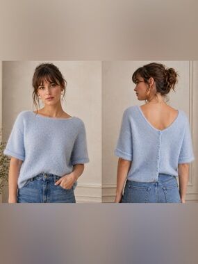 Sezane La Maille Light Ice Blue Mohair Blend Button Back Sweater Medium
